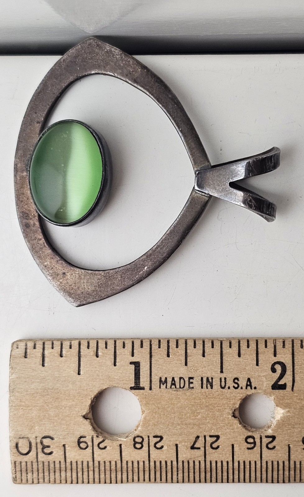 Large Mexico Sterling Abstract Modernist Pendant & Green Cat’s Eye Stone 16.7 gm