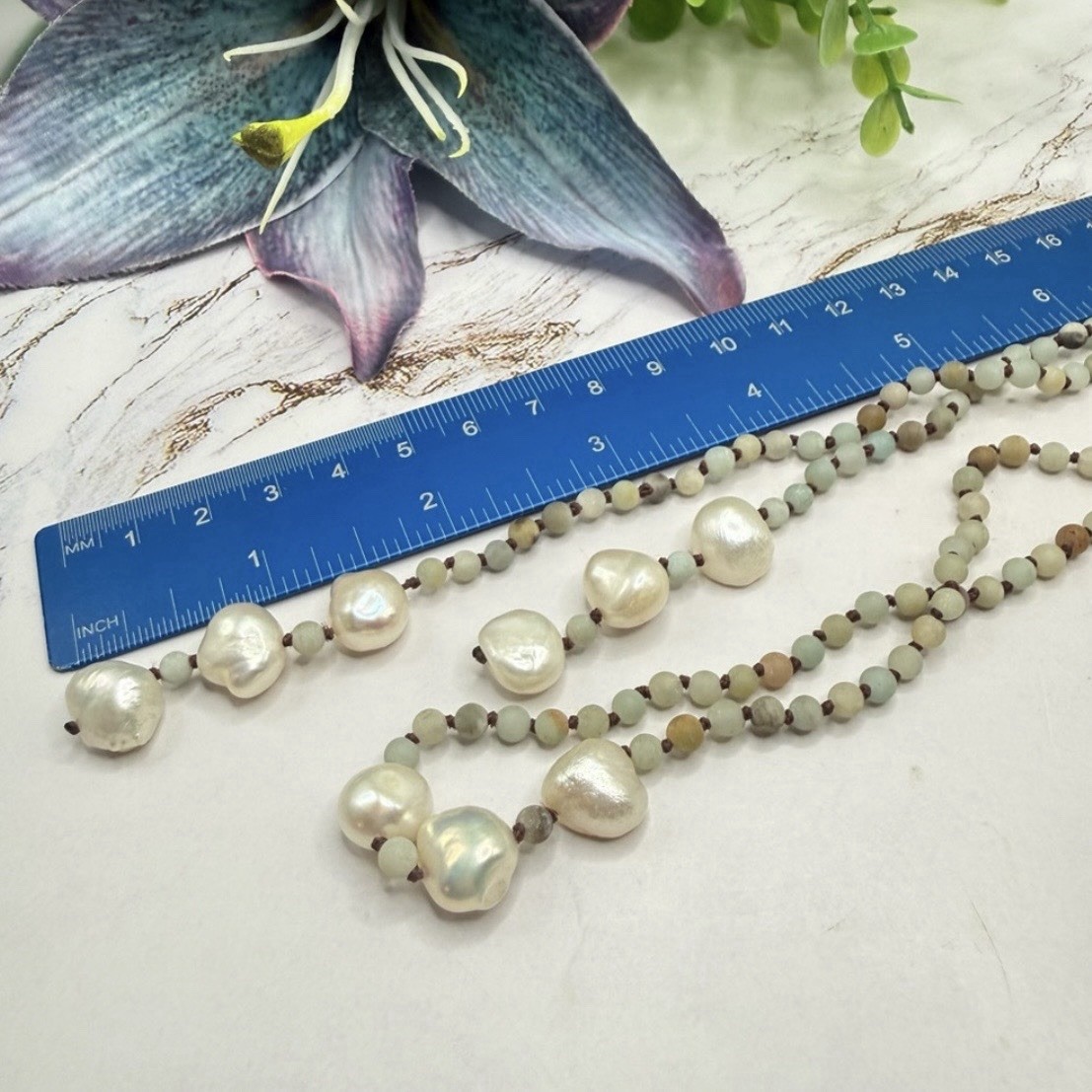 Amazonite Bead Natural Color Lariat Wrap Necklace Baroque Pearl Tassel Ends