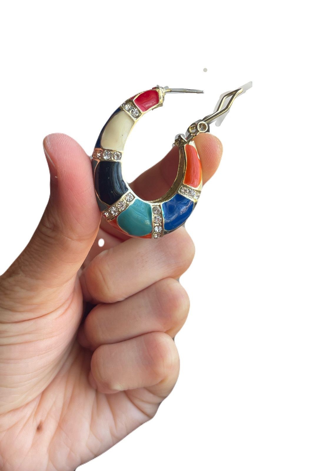 Chunky Multi Color Enamel Hoop Earrings Rhinestone Crystal Gold Tone