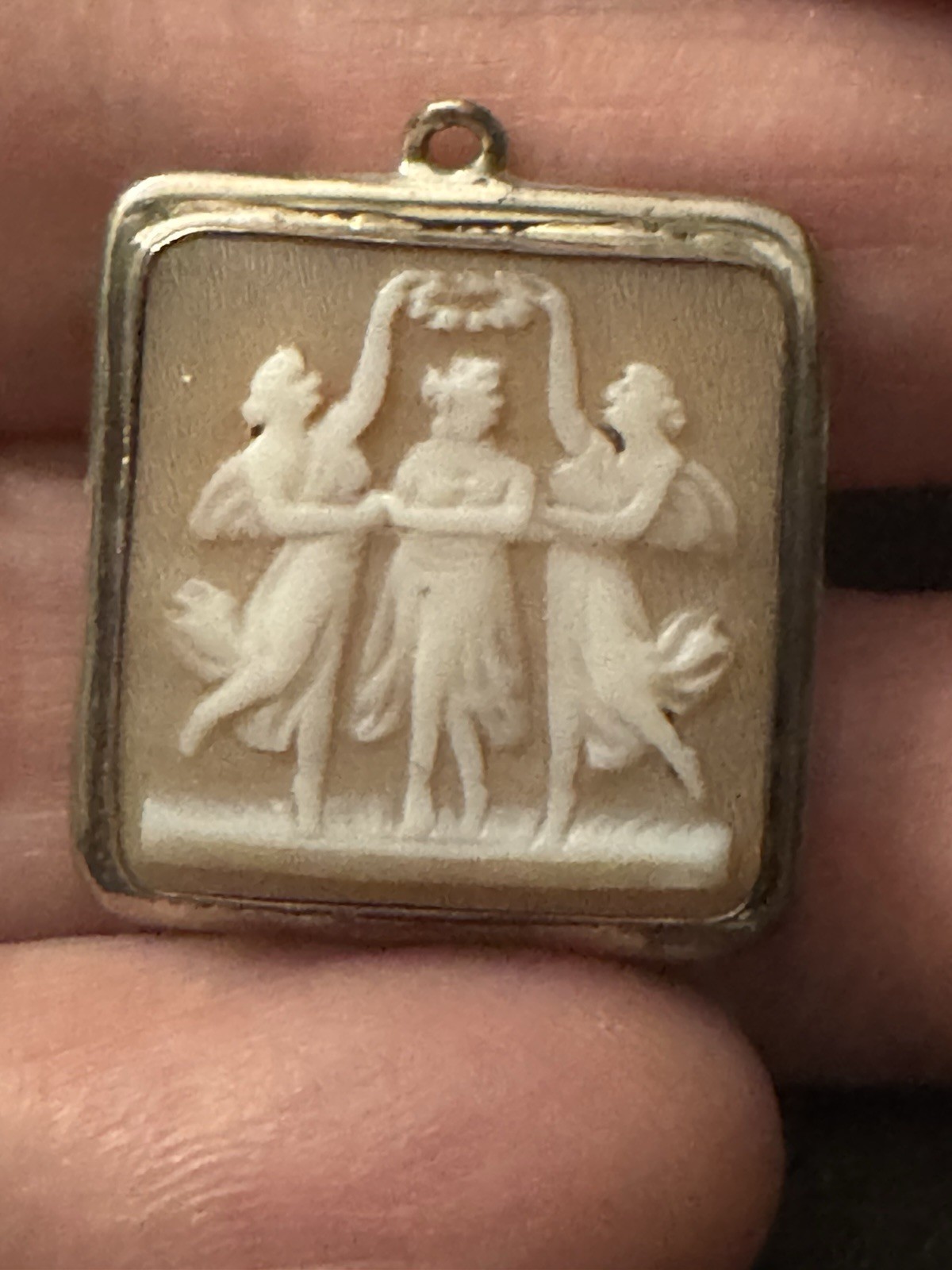 Vtg 800 Silver 3 Graces Cameo Unique Square Pendant Fine Jewelry Carved Stone