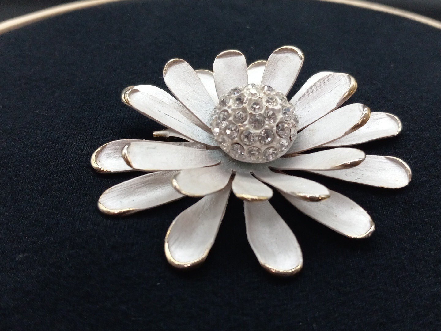 Mid-century GoldTone White Enamel Clear Pave crystals 3D Floral Design Brooch