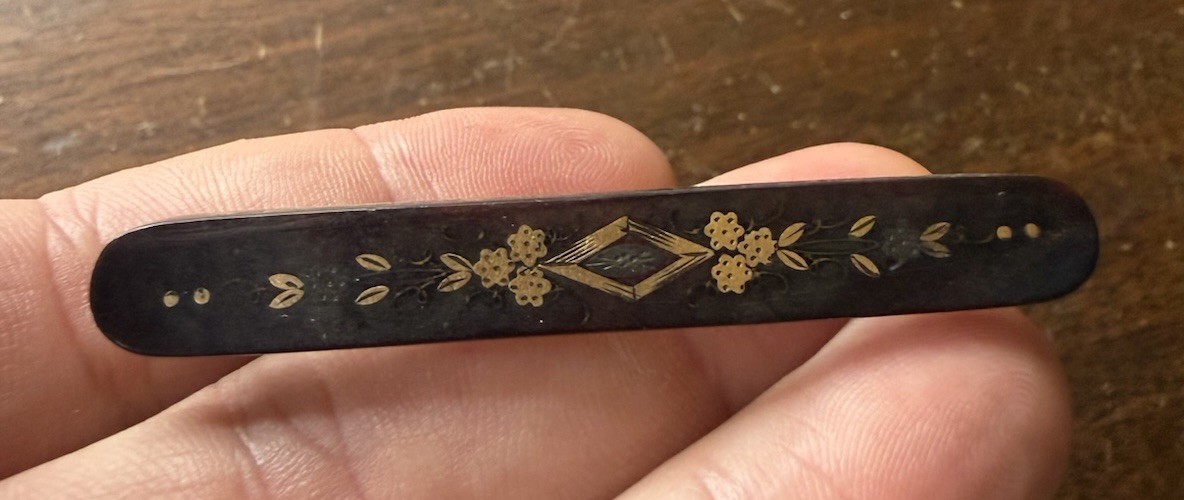 Antique Victorian French Jet Mourning Brooch Black Glass Bar Pin Gothic Memento