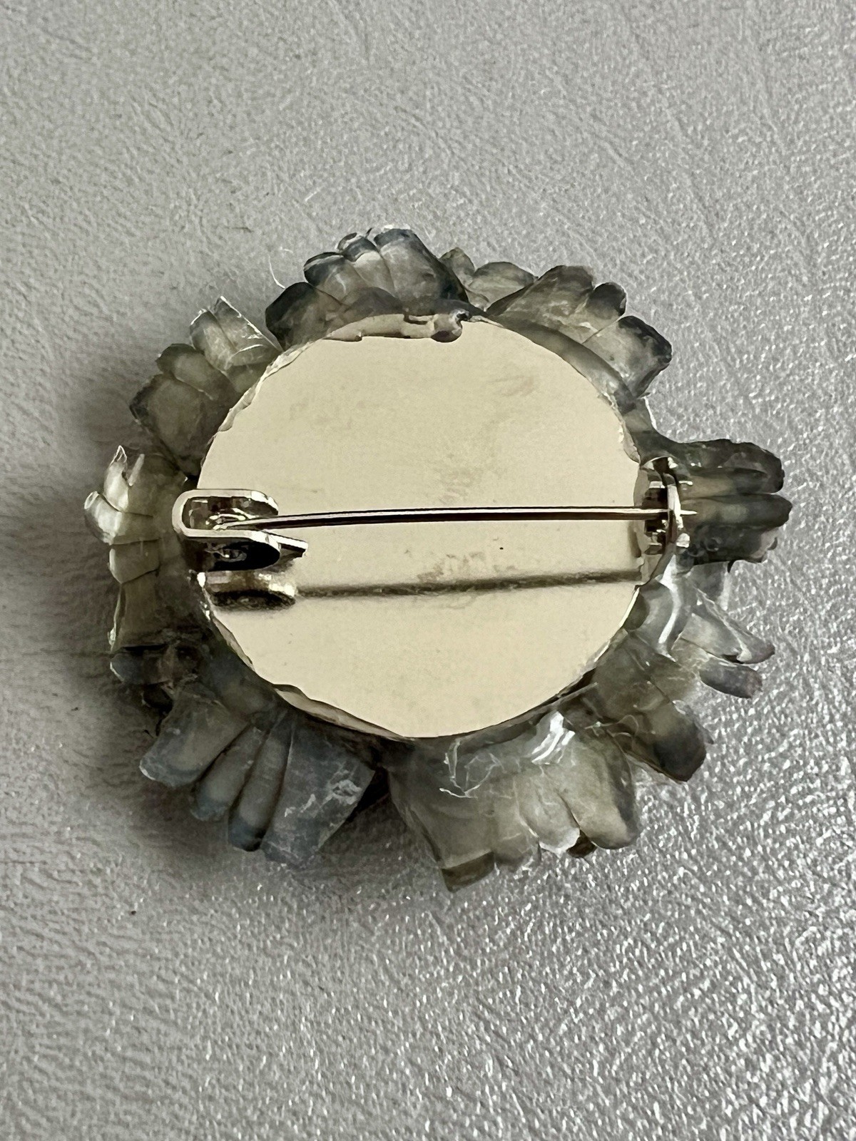 Vintage Carved Shell Flower Brooch Layered Gray White Chrysanthemum Pin 1.5″