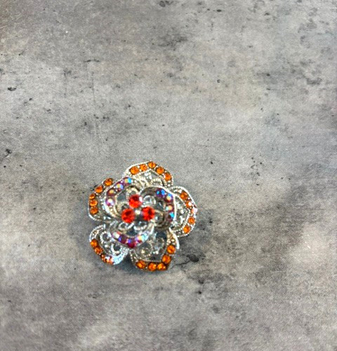 Vintage Orange and Red Rhinestone Flower Brooch Pin Silver Tone