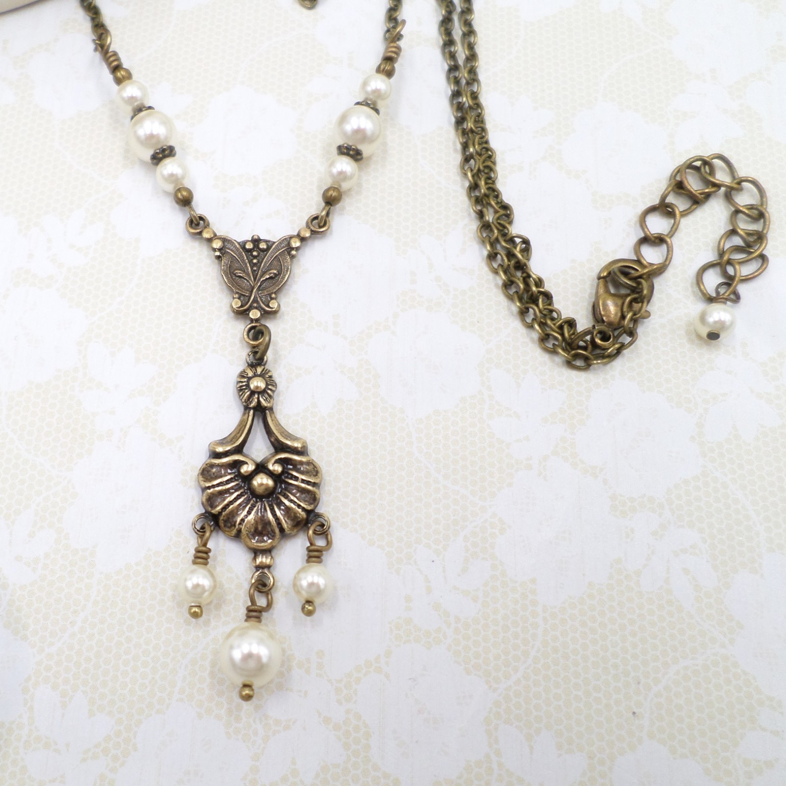 Victorian Pearl Necklace: Antique Brass Romantic Floral Handmade Vintage Jewelry