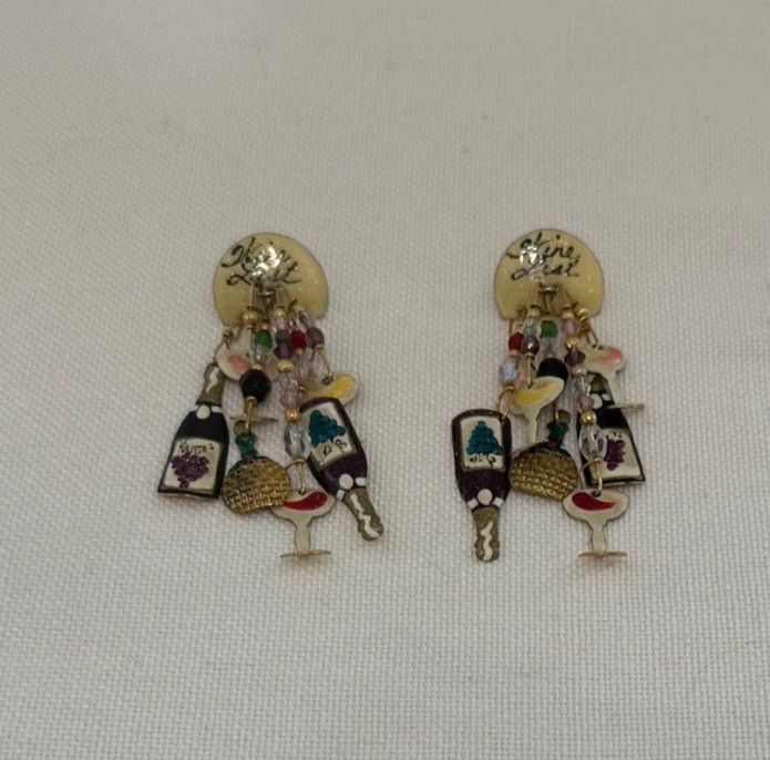 Lunch At The Ritz Wine List Earrings Crystal Enamel Dangle Pierced Ears
