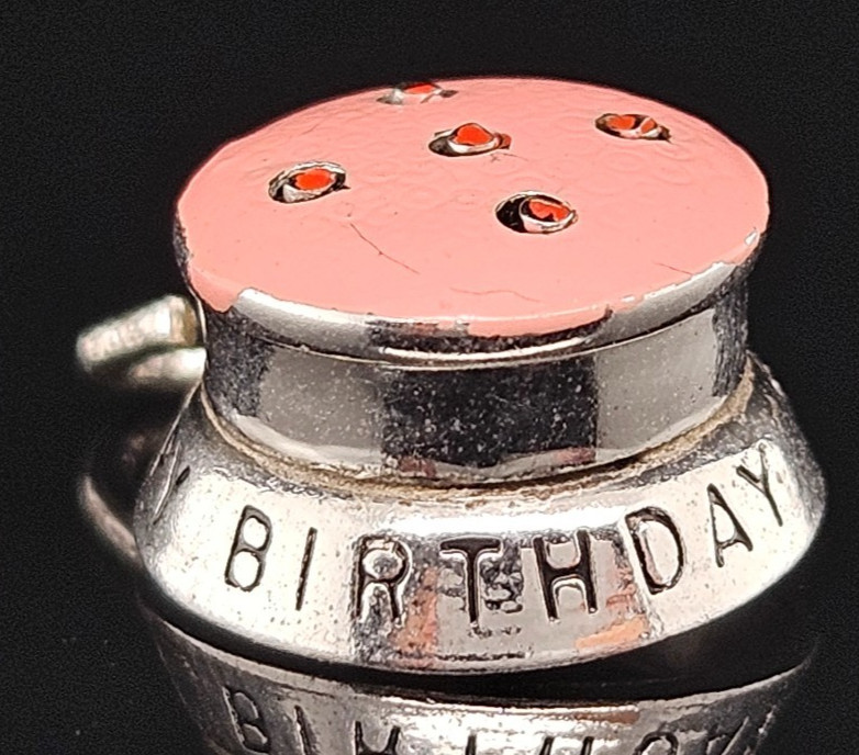 Sterling Silver WELLS HAPPY BIRTHDAY CAKE Candle Charm Pendant Mechanical Enamel