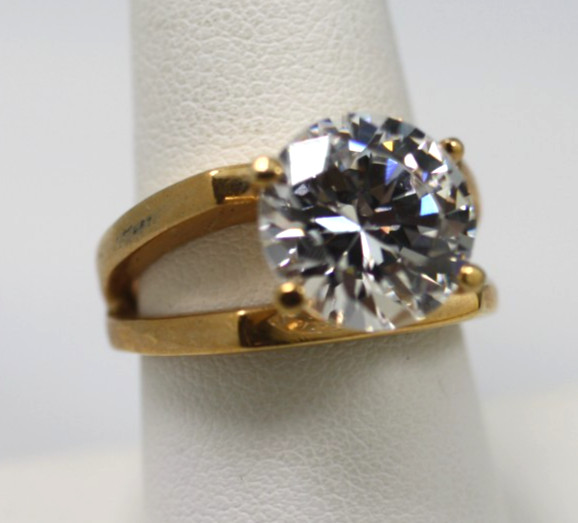 18K yellow gold plated large 12mm round clear stone double style band ring sz 8