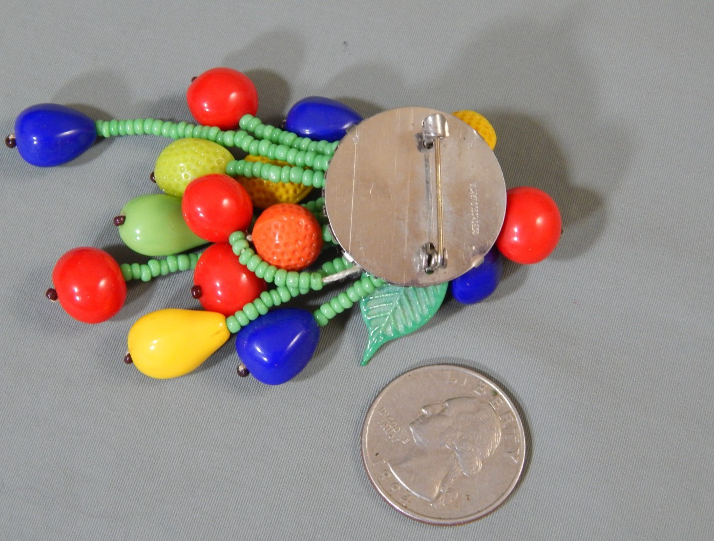 Vintage Signed Czechoslovakia Czech Glass Fruit Bead Dangle Drop Brooch Pin