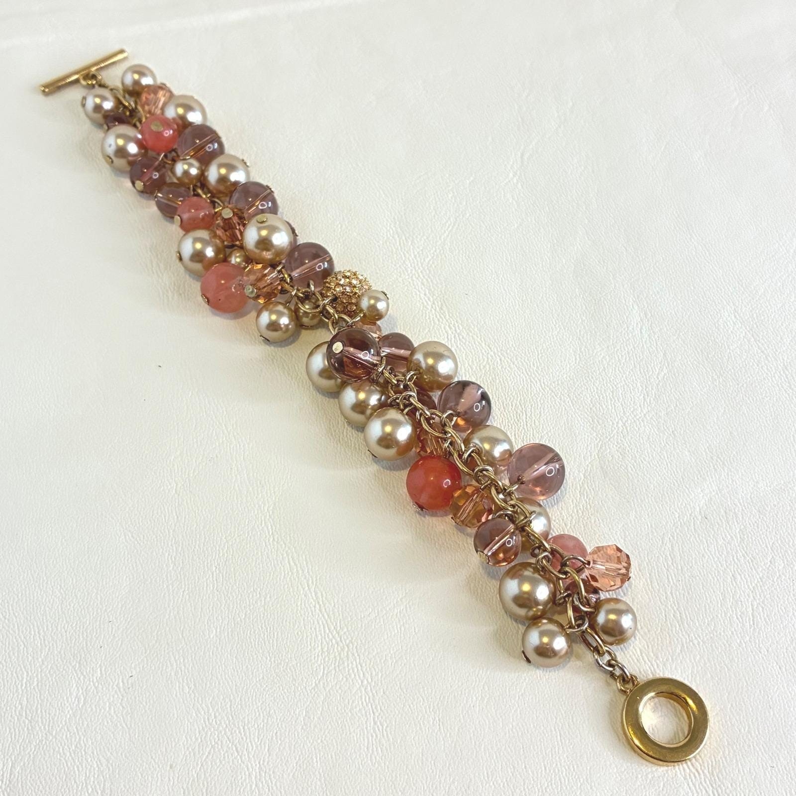 Vintage Carolee Bracelet Gold Tone Faux Pearl Glass Bead Rhinestone Charm Pink