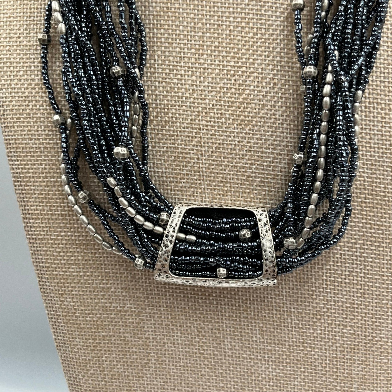 Coldwater Creek Multi-Strand Seed Bead Necklace Silver Tone Hammer Slide Accent