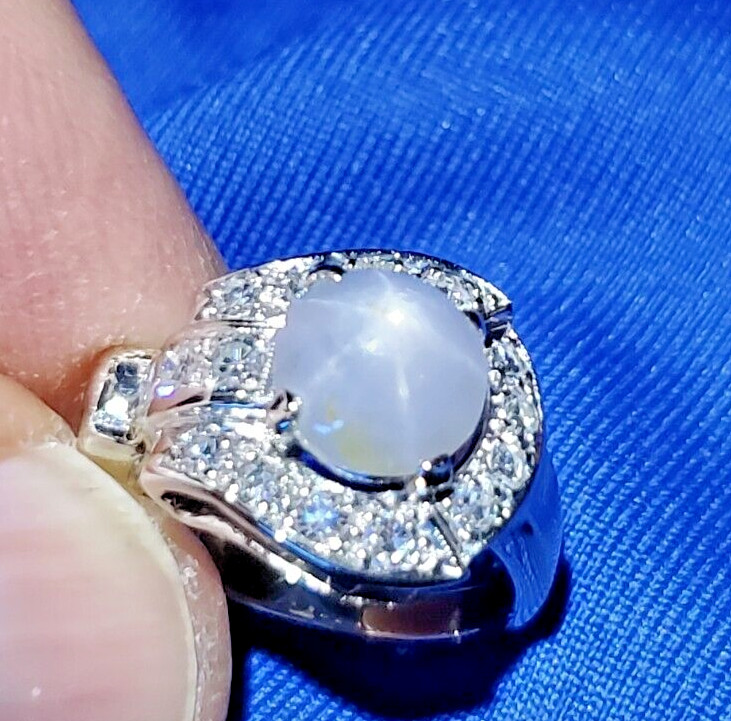 EARTH MINED STAR SAPPHIRE DIAMOND ART Deco Engagement Ring SOLID 14K WHITE GOLD