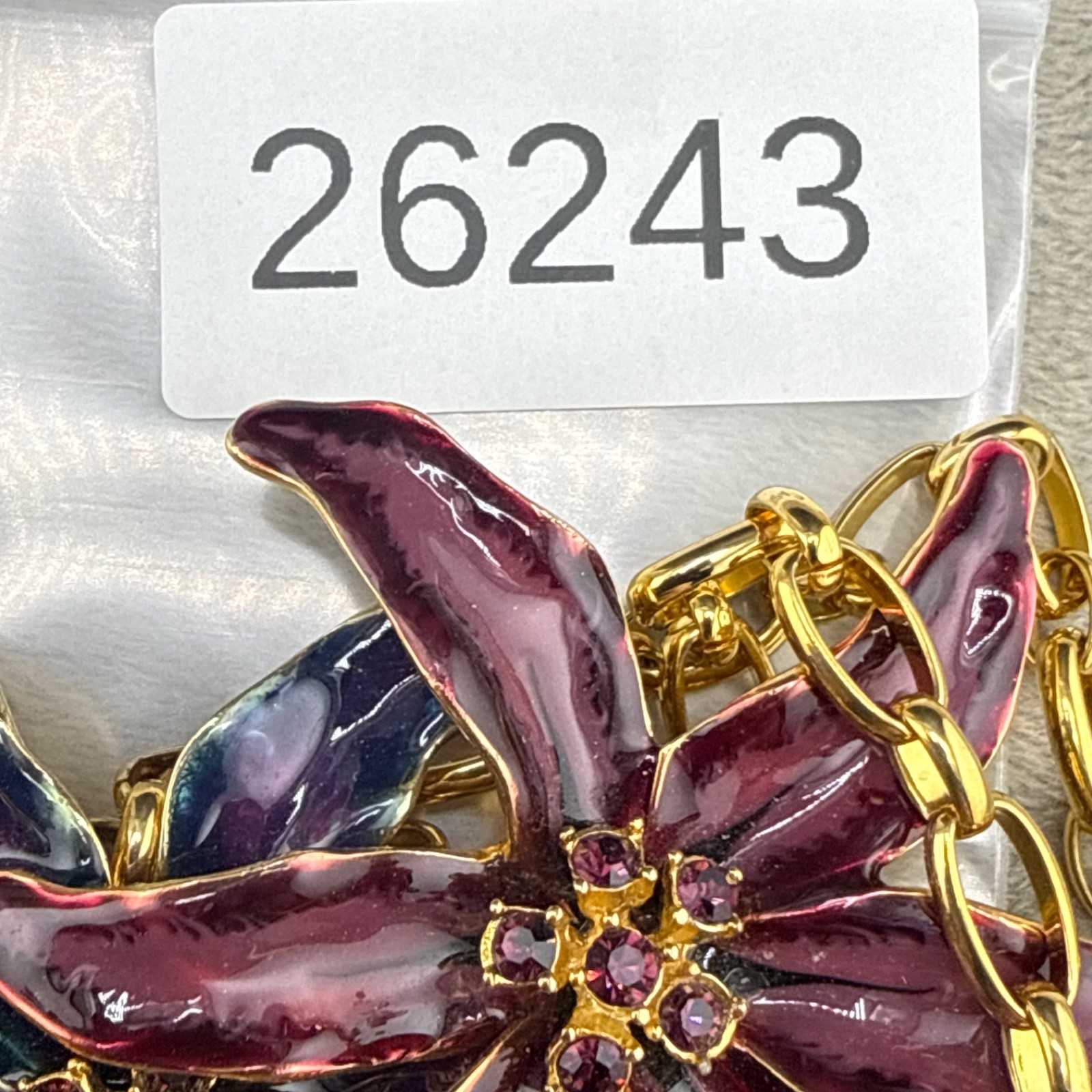 Vintage Kenneth Lane Statement Necklace Gold Tone Purple Lily Flower KJL 16”