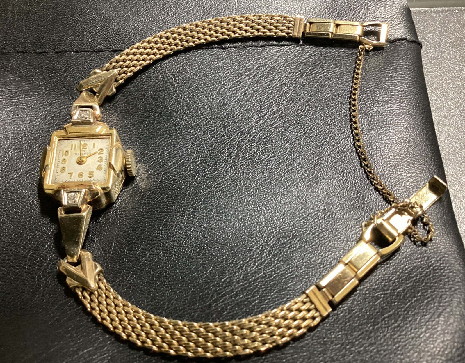 Vtg 14k Gold Helbros Ladies Watch 14K GOLD 2 Small Diamonds 1950’s For Repair