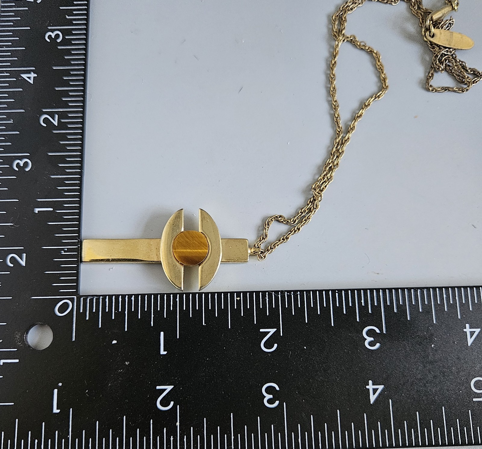 Vintage Whiting & Davis Pendant Necklace Tiger Eye Stone Mid Century MCM Gold19″