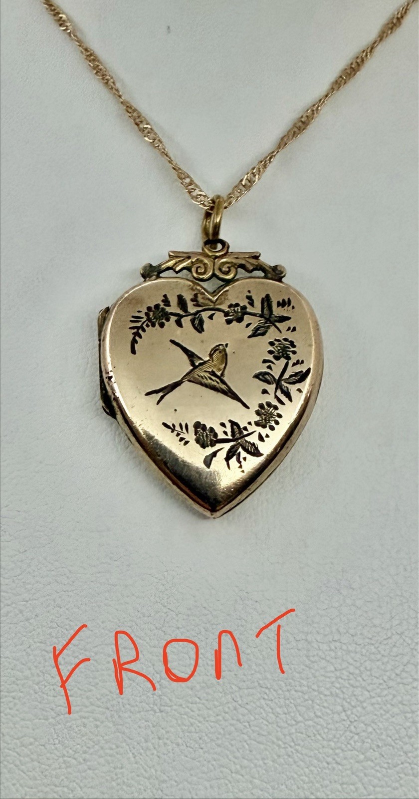 Victorian Aesthetic Movement Bird & Flower Vines Double Sided RG Locket Necklace