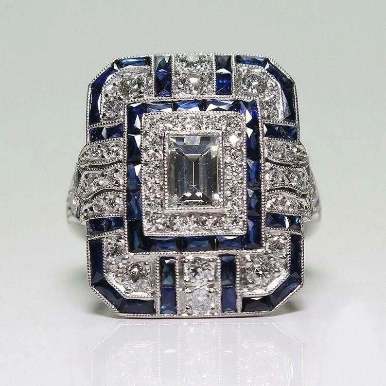 Art Deco Style Lab Created Diamond & Sapphire 925 Silver Anniversary Gift Ring