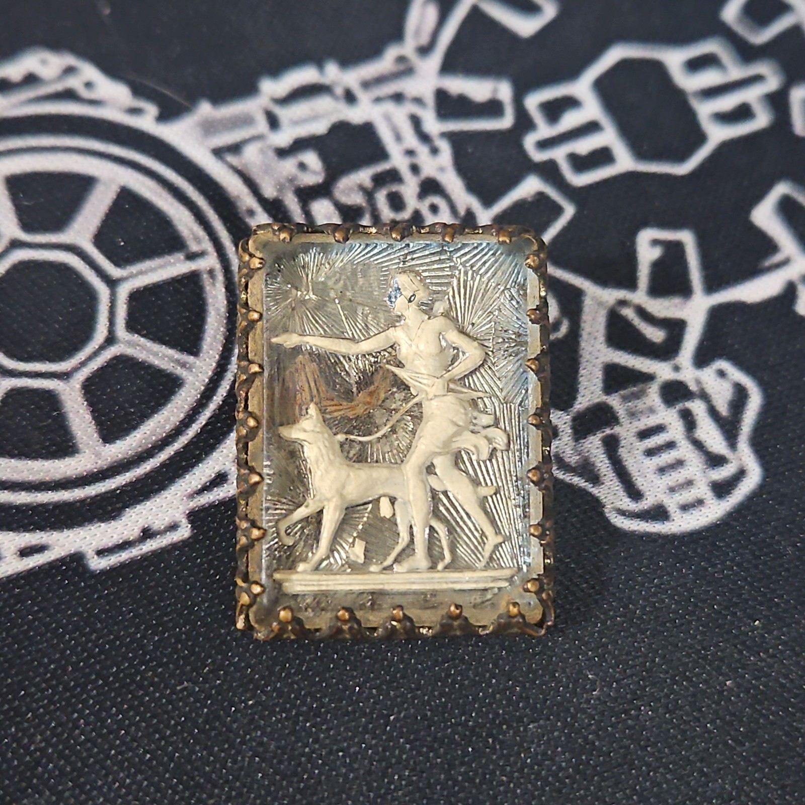 Vintage Figural Glass Cameo Brooch – Woman with Dog Relief Pin