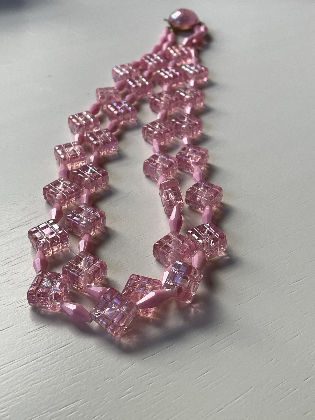 Vintage Austria pink acrylic/lucite double strand statement necklace quilted