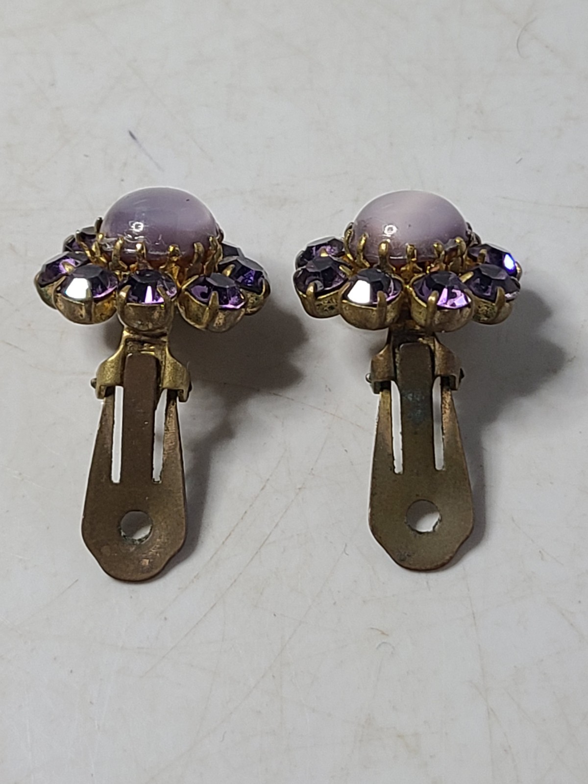 Vintage Signed Austria Purple Cabochon Rhinestone 3/4 Inch Clip Earrings