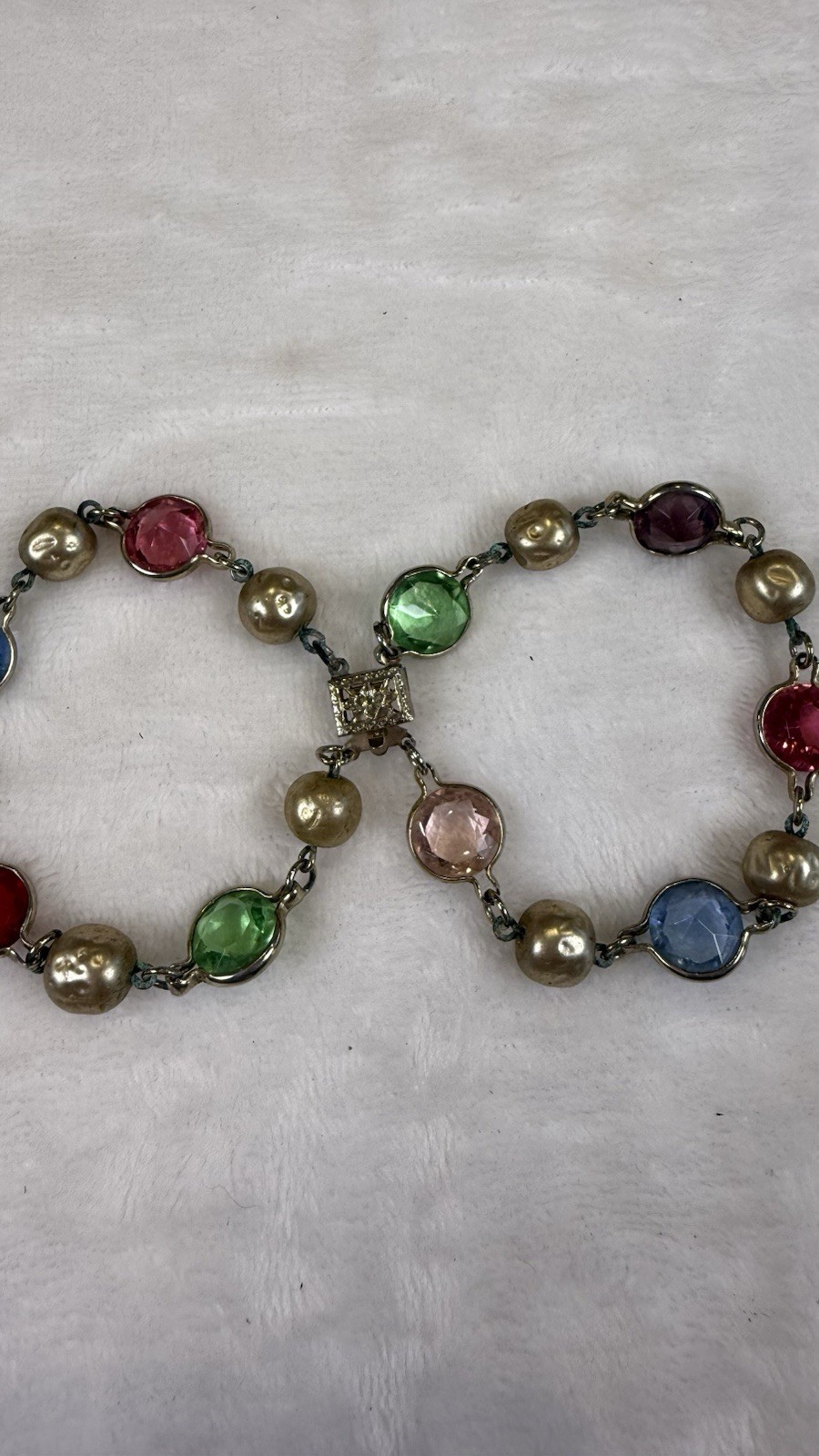 Vintage Multicolor Glass Stone Faux Pearl Bracelet Silver Tone Costume Jewelry