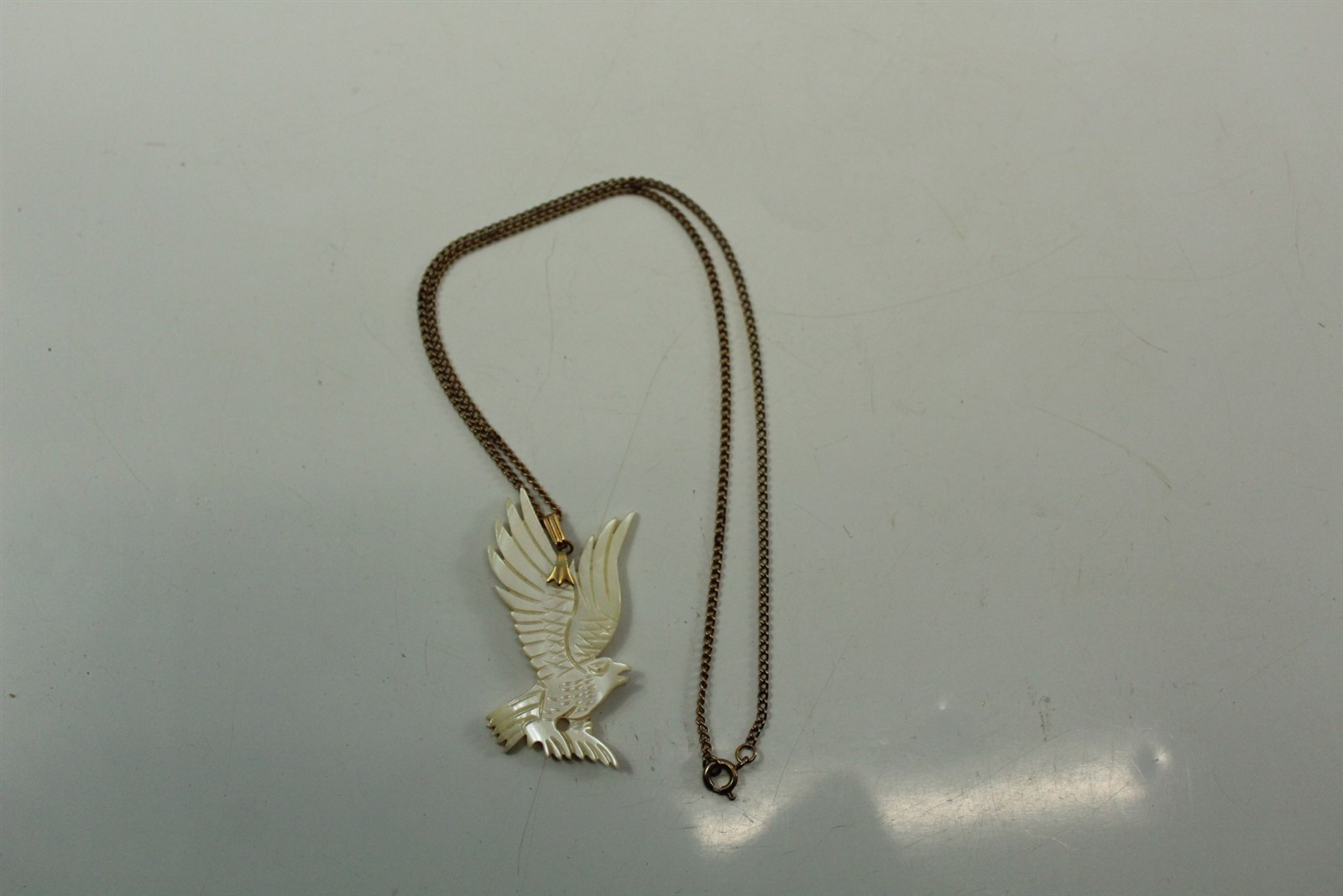 Vintage Hand Carved Shell Flying Eagle Pendant Necklace w/ Goldtone Alloy Chain