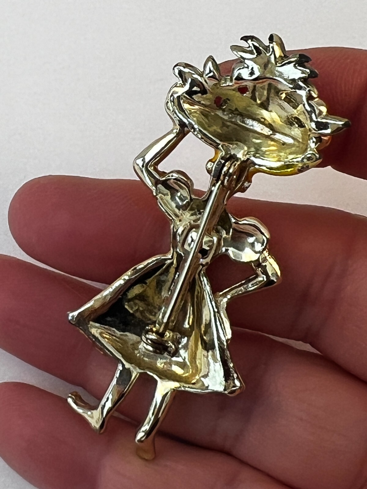 Vintage Brooch Lady Fruit Basket on Head Fruit Seller Enamel Gold Toned 1940s