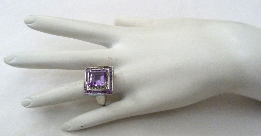 DESIGNER TC 5.62 ASSCHER AMETHYST HALO WHITE ZIRCON STERLING SILVER RING SZ 10