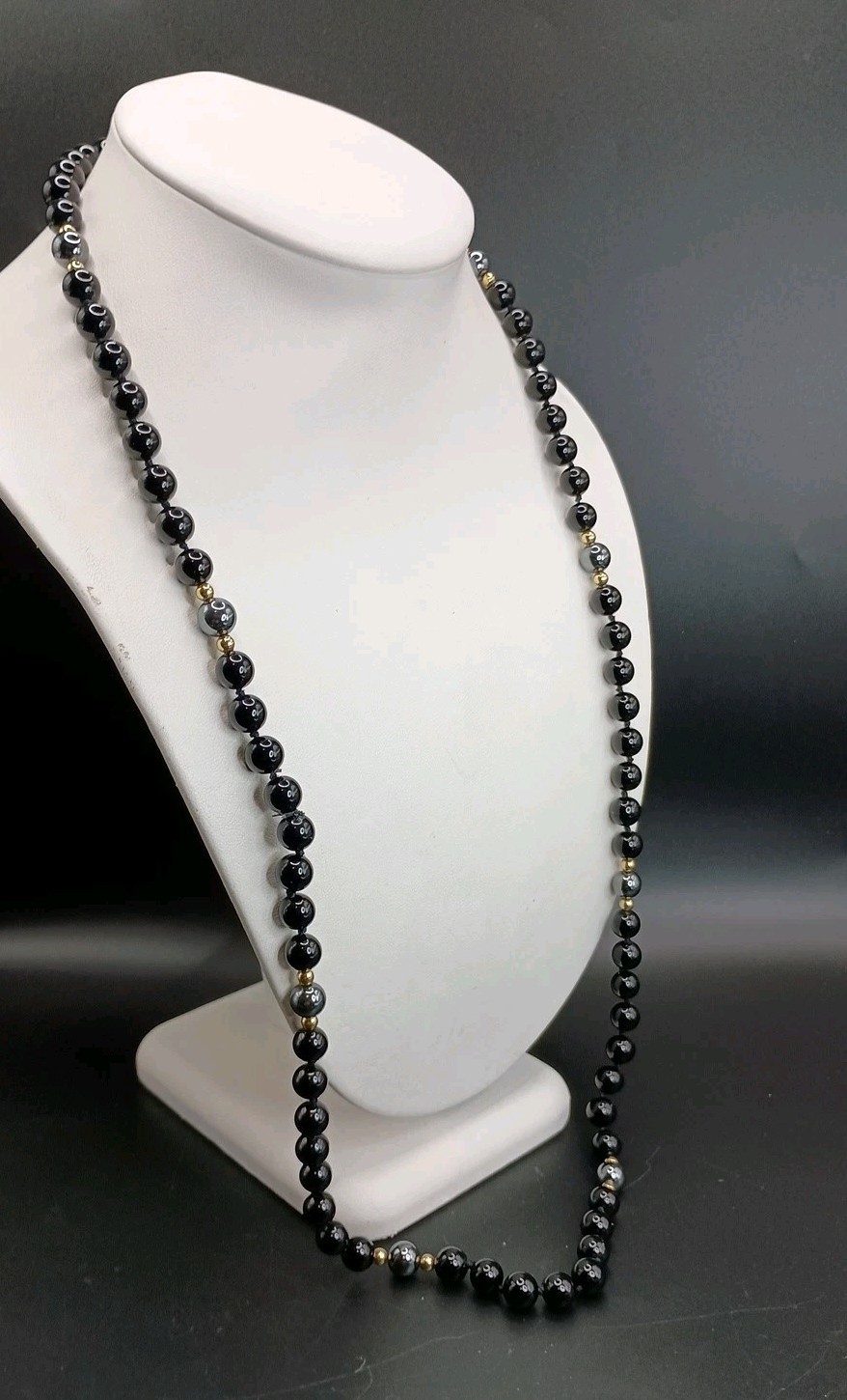 Black Onyx & Hematite Beaded Necklace Polished Gemstone 30″ Gold Tone Accents