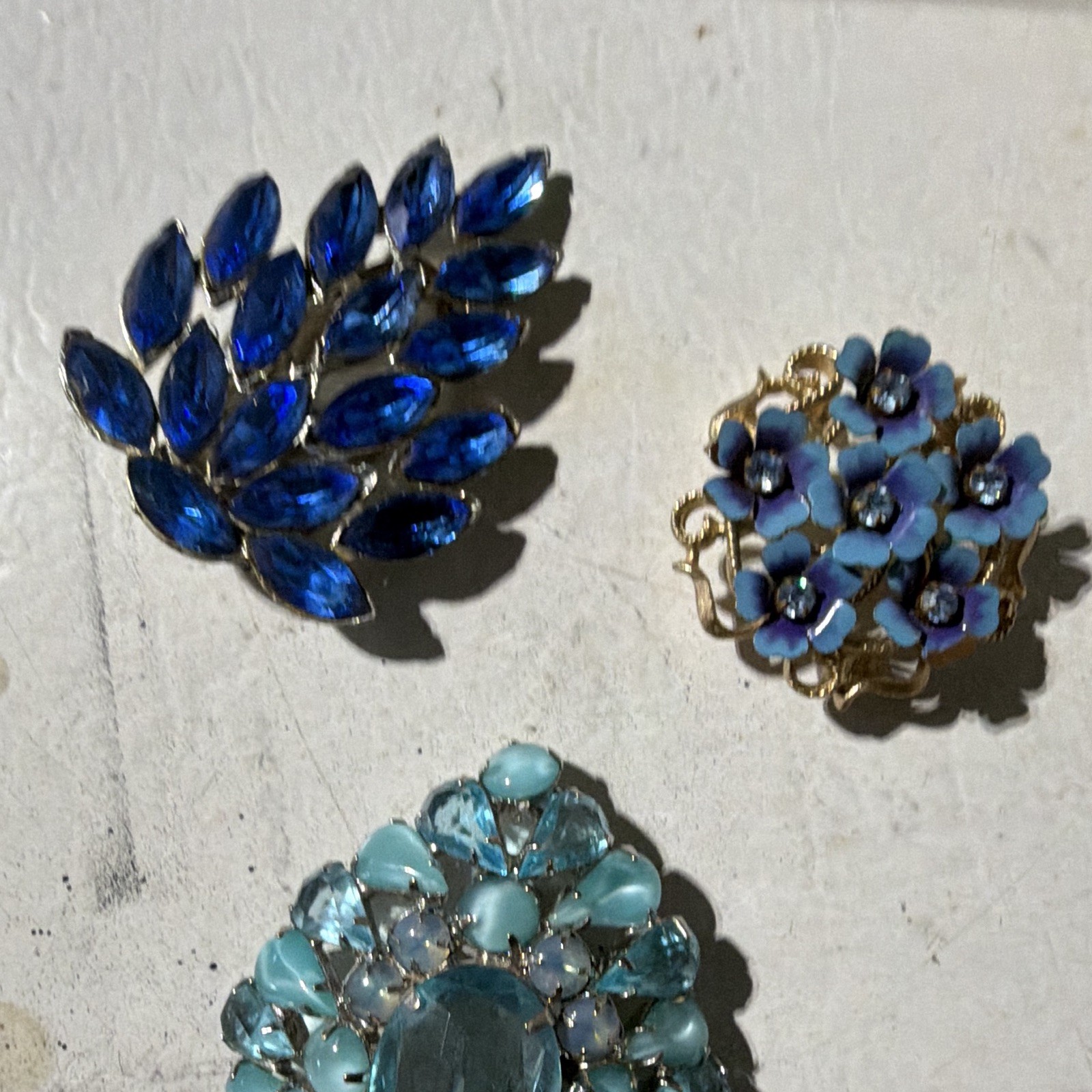 Vintage Blue Rhinestone Brooch & Pin Mixed Lot 3pc Metal Silver Gold Women’s