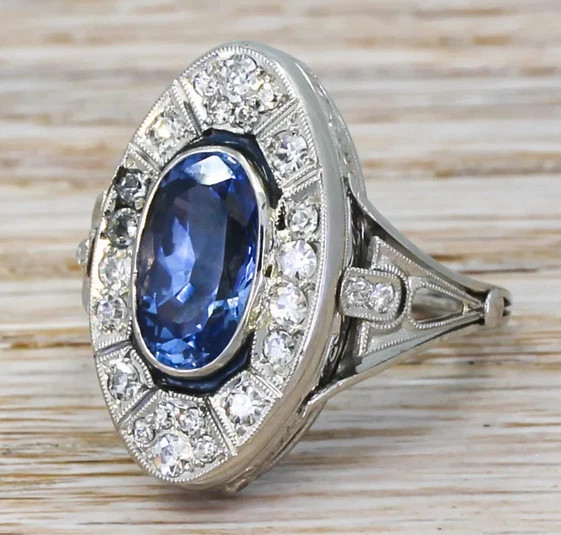 1900s Retro Vintage Style Bright Vivid Blue Sapphire With White CZ 925 Sliver
