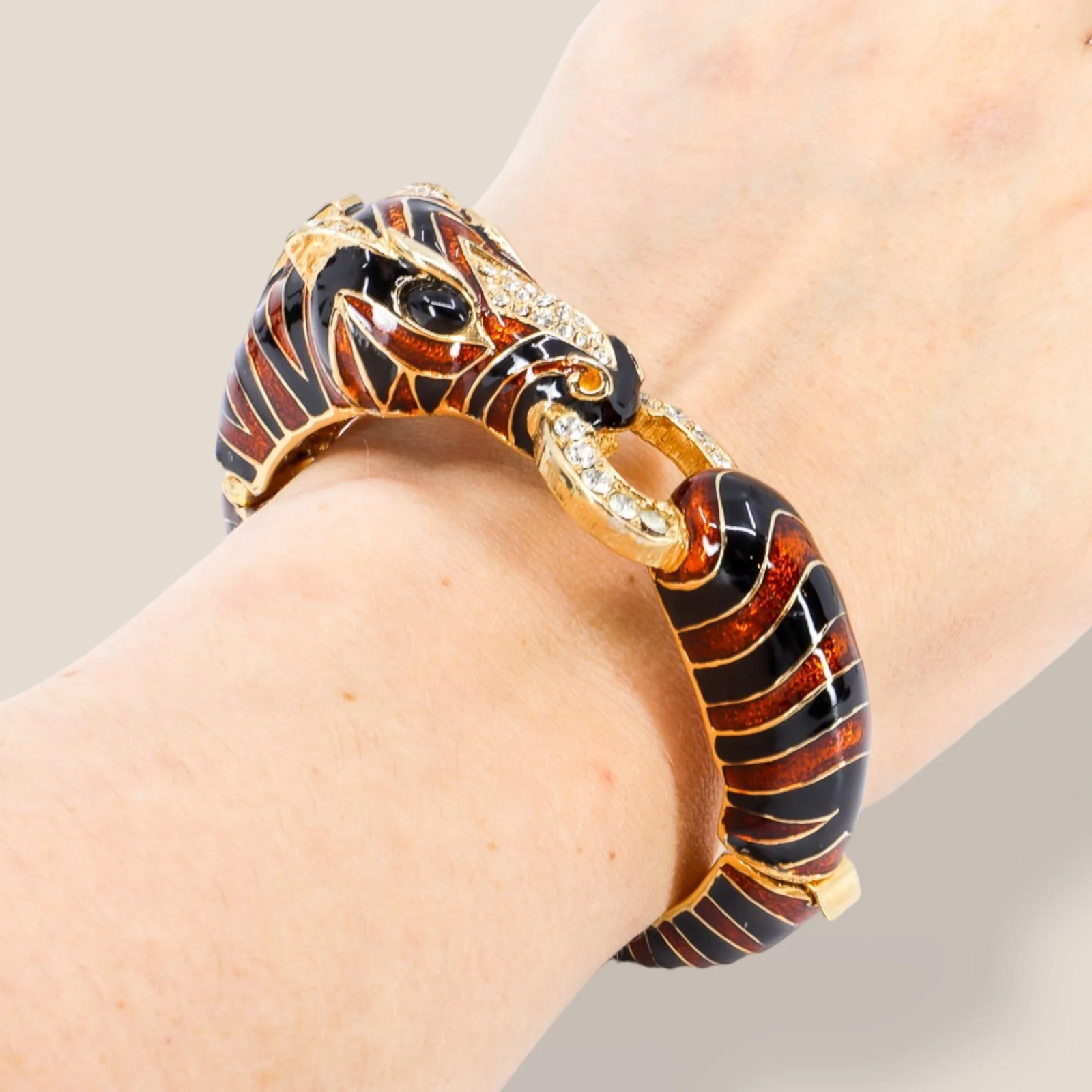 CINER, Signed Vintage, 18k Gold Plated, Enamel & Crystal Zebra Bracelet