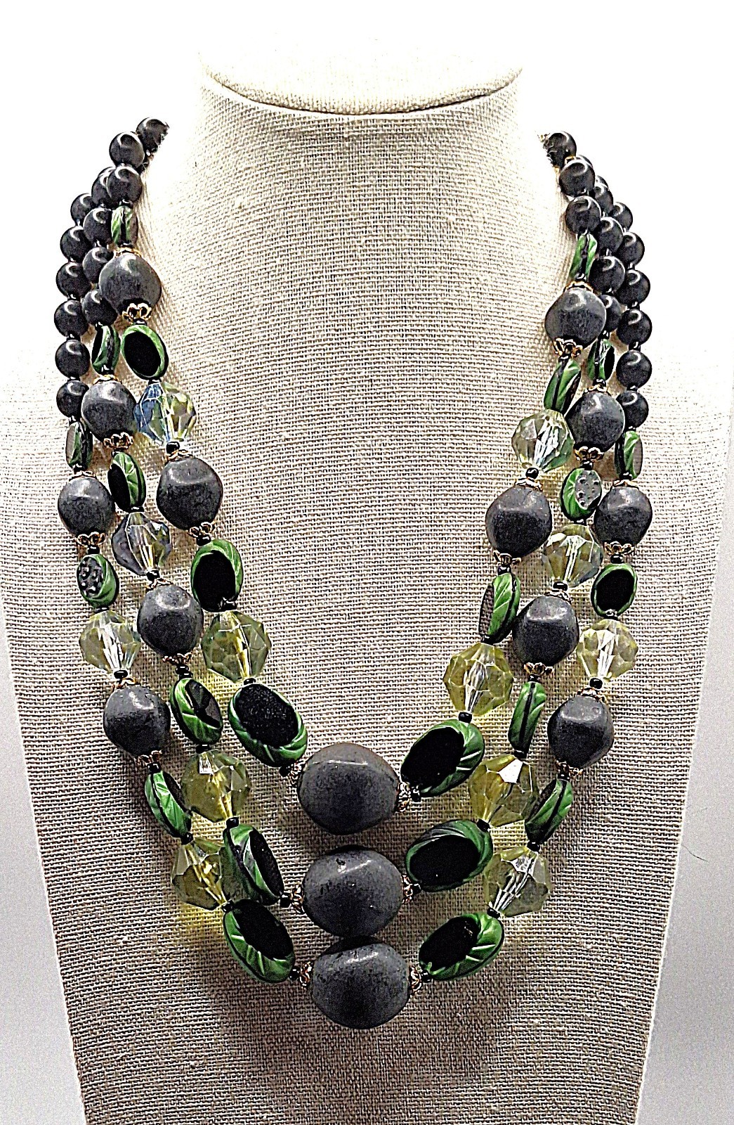 Vtg Resin & Lucite Green Black Clear 3 Strand Necklace Czech crafted in Germany