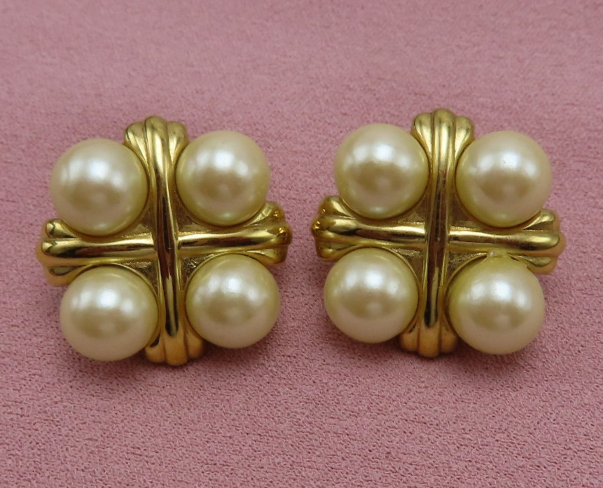Givenchy Vintage Earrings White Pearl Gold Cross .75 inch Chunky Studs 846f