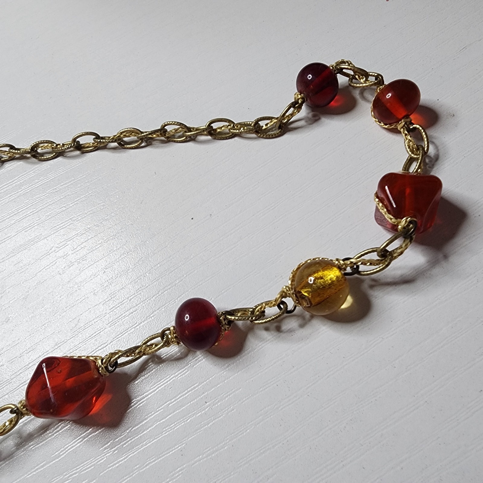Vintage Coldwater Creek Red Yellow Glass Beaded Necklace Signed Nature Leaf Adj.