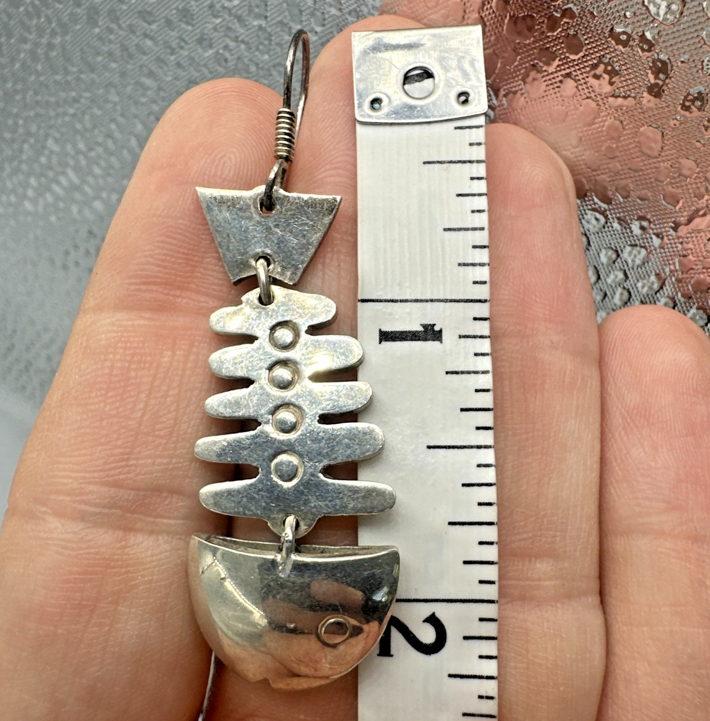 Vtg Taxco Sterling Silver Articulated Skeleton Bone Fish Dangle Earrings 15.9g