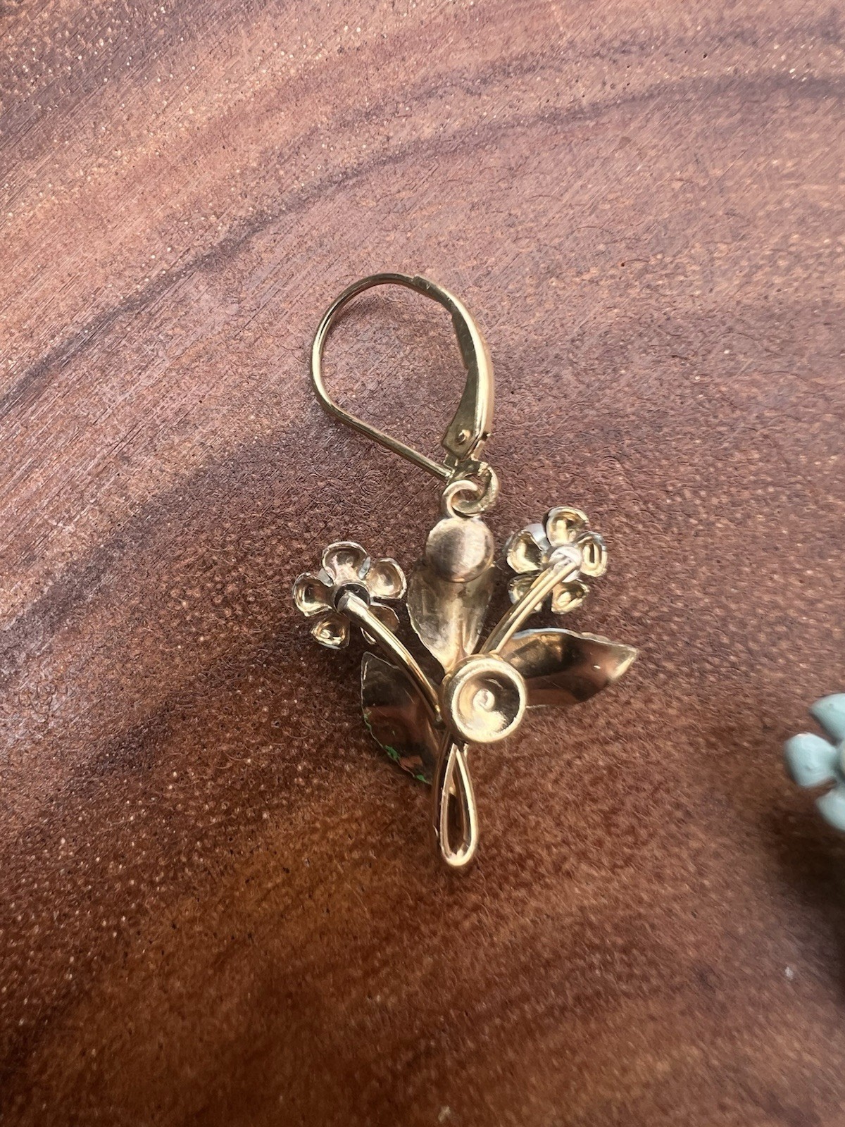 Vintage 14K Gold Overlay Enamel Pearl Blue Floral Leverback Dangle Earrings 1.5”
