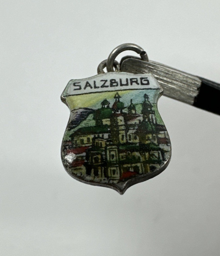 Salzburg Austria Enamel 835 Silver Travel Shield Charm Pendant 1.4g Vintage