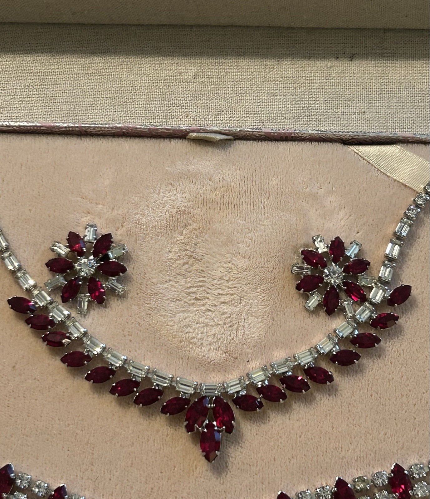 Vintage B David 3pc Red & Clear Rhinestone Necklace Bracelet Clip Earrings