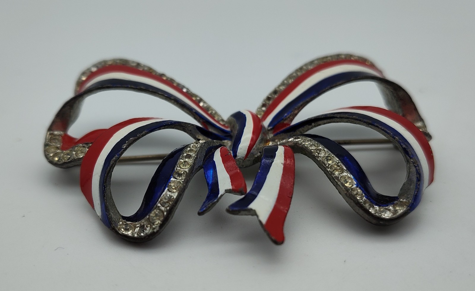 Vintage Large Bow Red White Blue WW2 Silver Tone Clear Rhinestone Pin Brooch