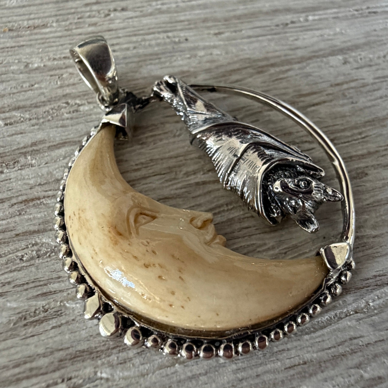 Sterling Silver Bat Moon Pendant Carved Tea Bone Gothic