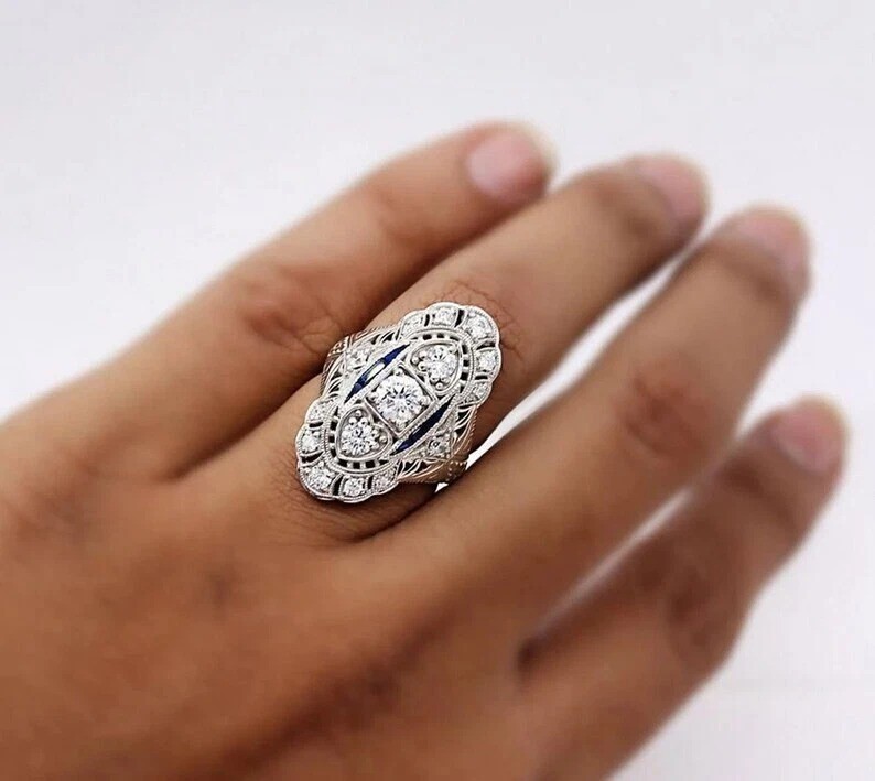 Share Art Deco Vintage Style Lab Created Diamond Wedding Anniversary 925 Silver