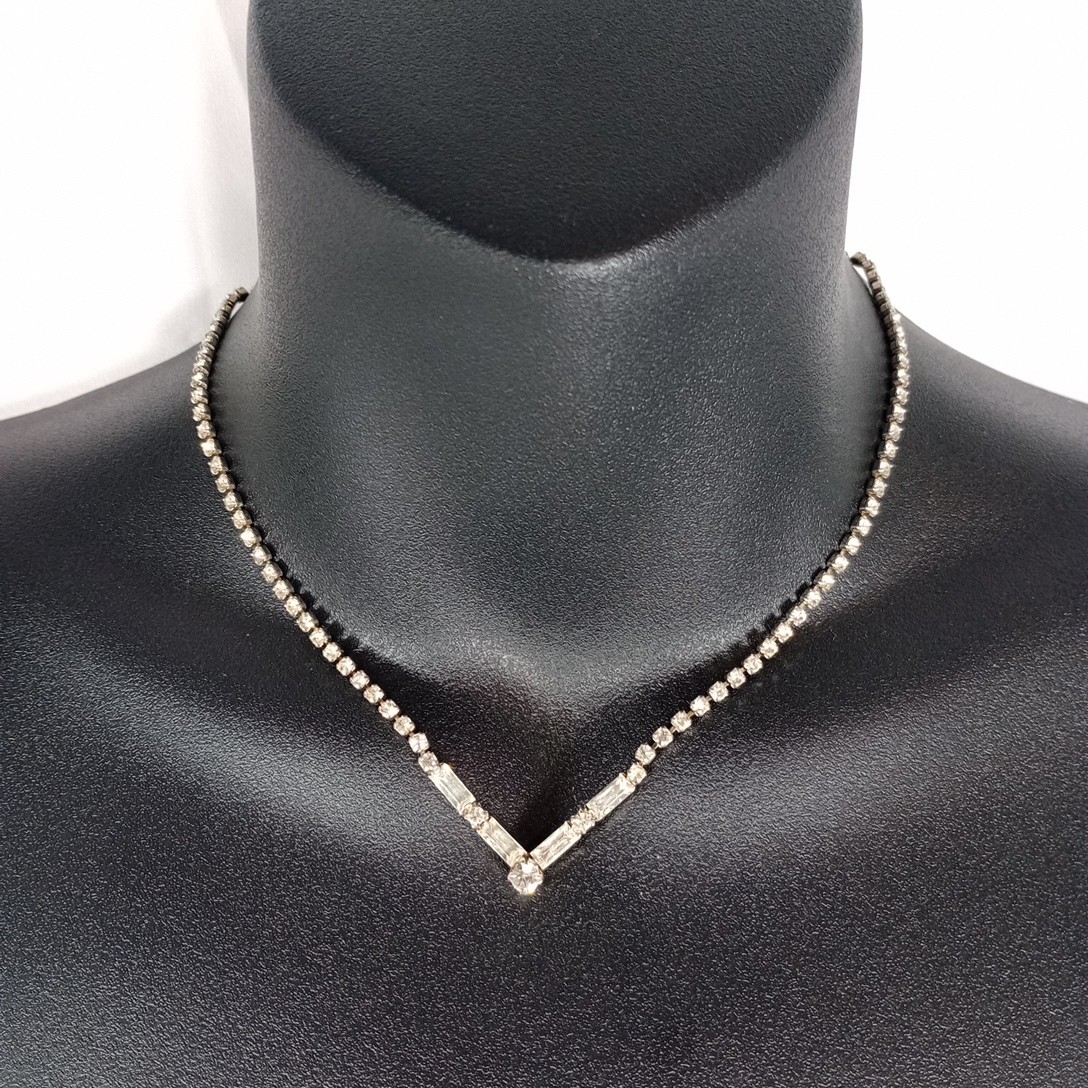 Vintage Clear Rhinestone V Necklace Baguette Accent Tennis Necklace 14″