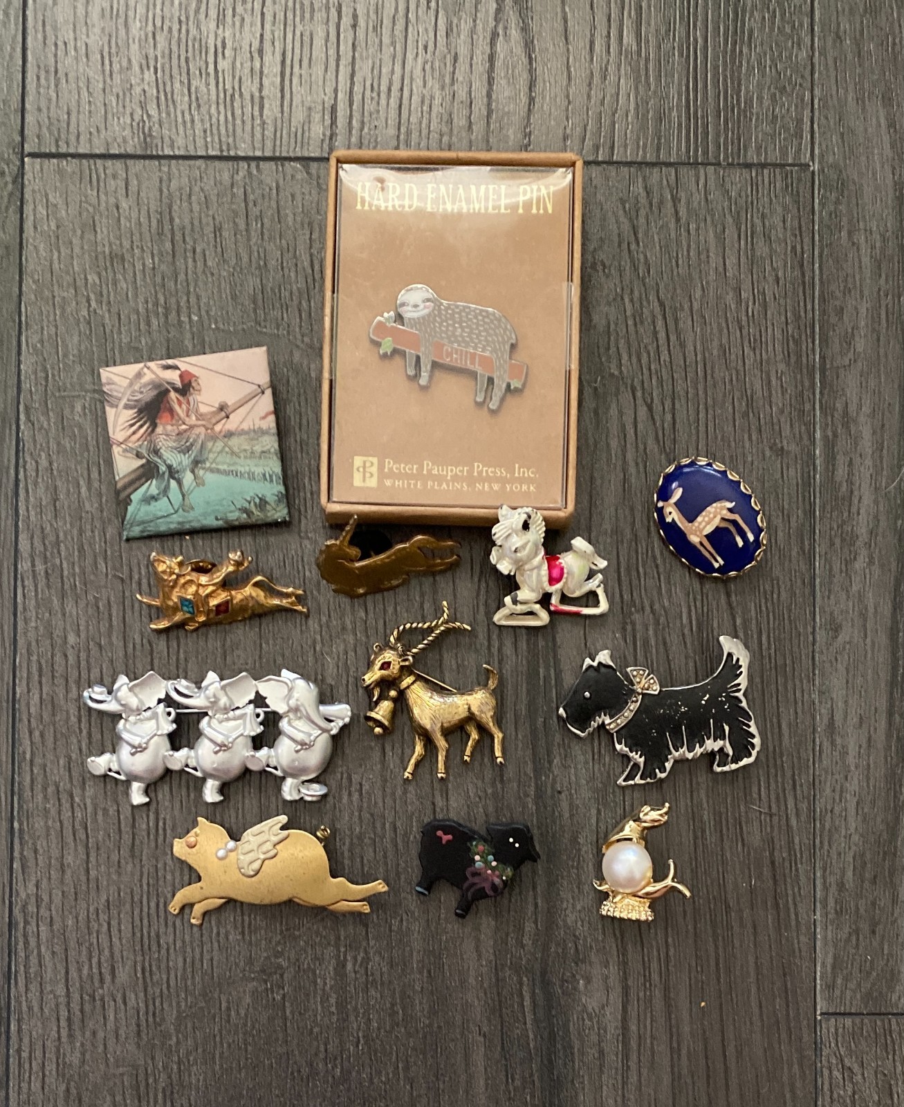 Vintage Lot Of 12 Animal Brooch/Pins Mixed Materials Bull-Sheep-Pig-Dog-Seal Etc