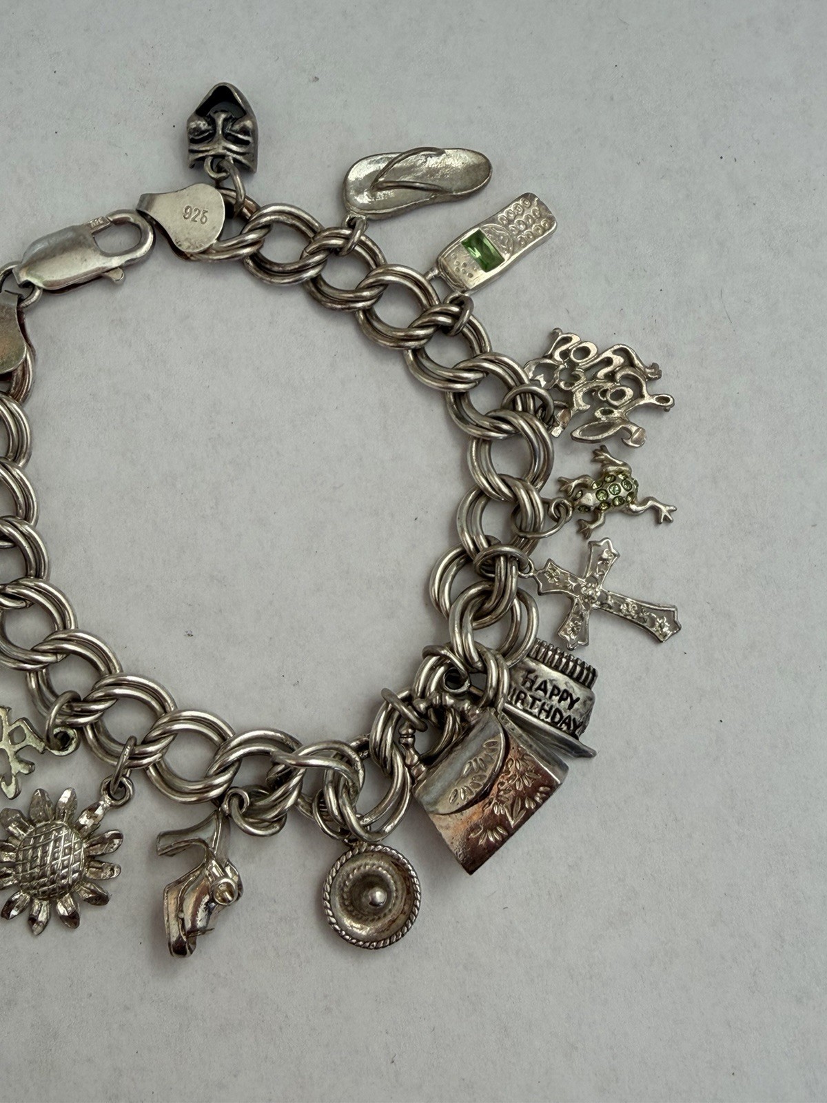 Vintage 925 Sterling Silver 14 Charms Bracelet Lobster Clasp See Pics 36g B8