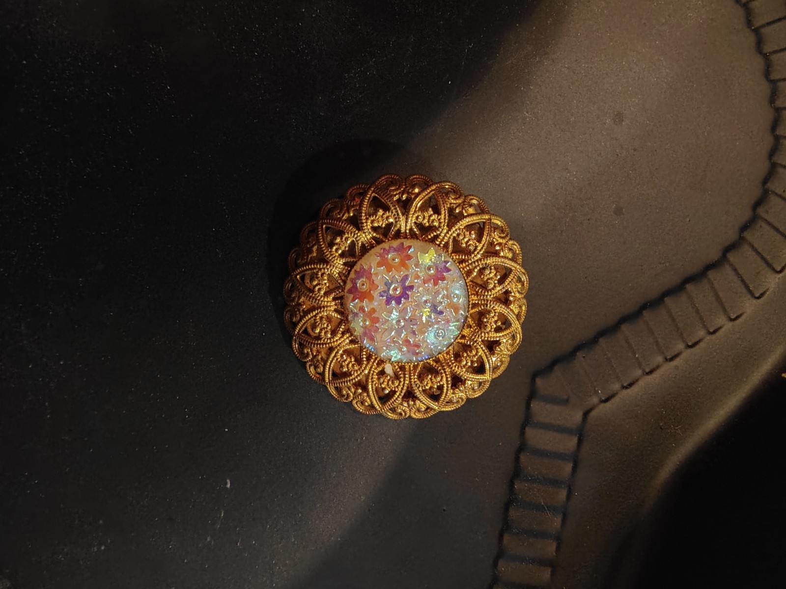 Vintage Western Germany Iridescent Flowers Filigree Scarf Clip Holder Gold Tone
