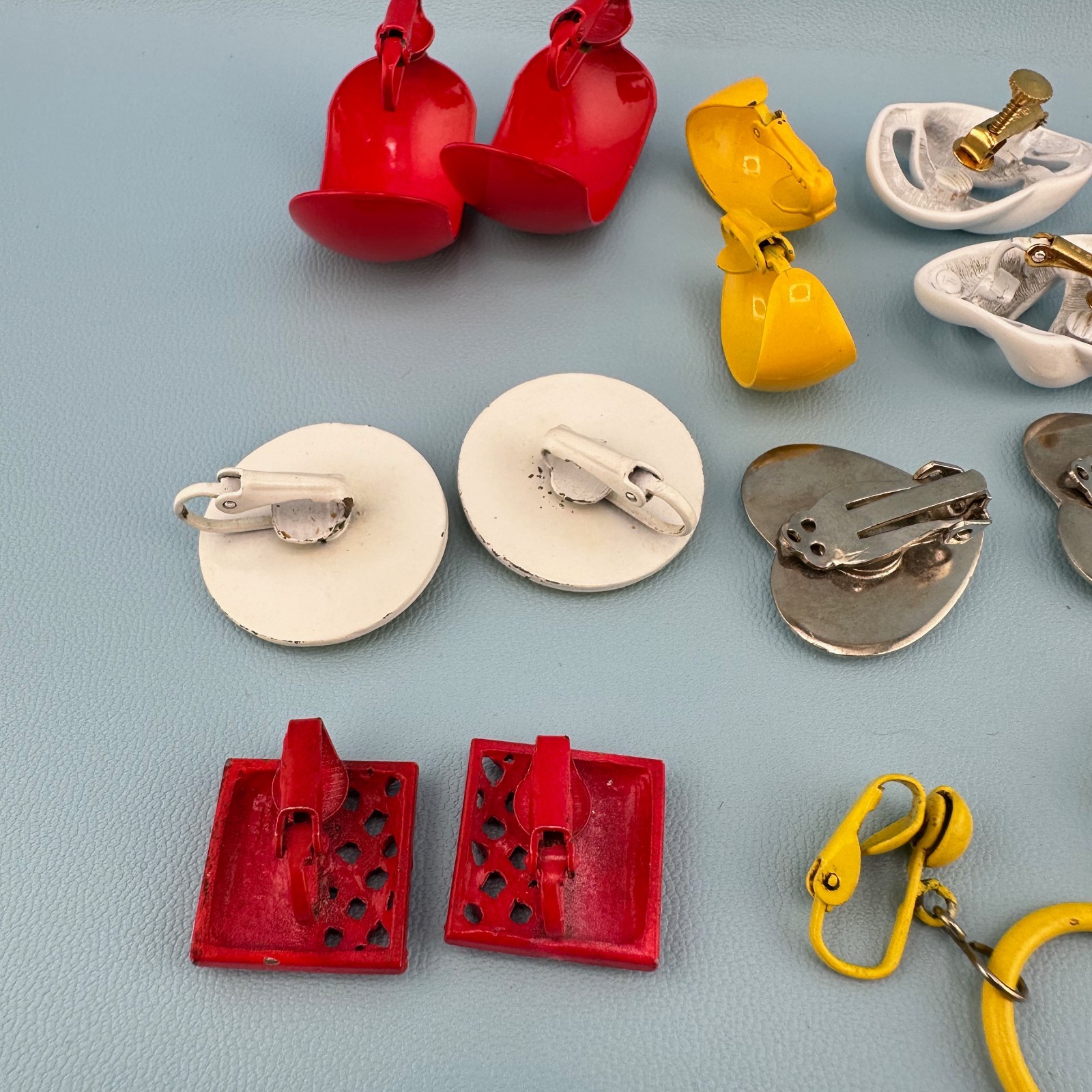 Vintage Enamel Metal Earrings Lot Clip On Bright Colorful 1980s Retro Pop MOD
