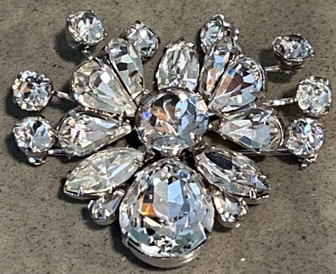 Vintage Eisenberg Clear Rhinestone Spray Brooch Signed Rhodium Crystal 1940 Used