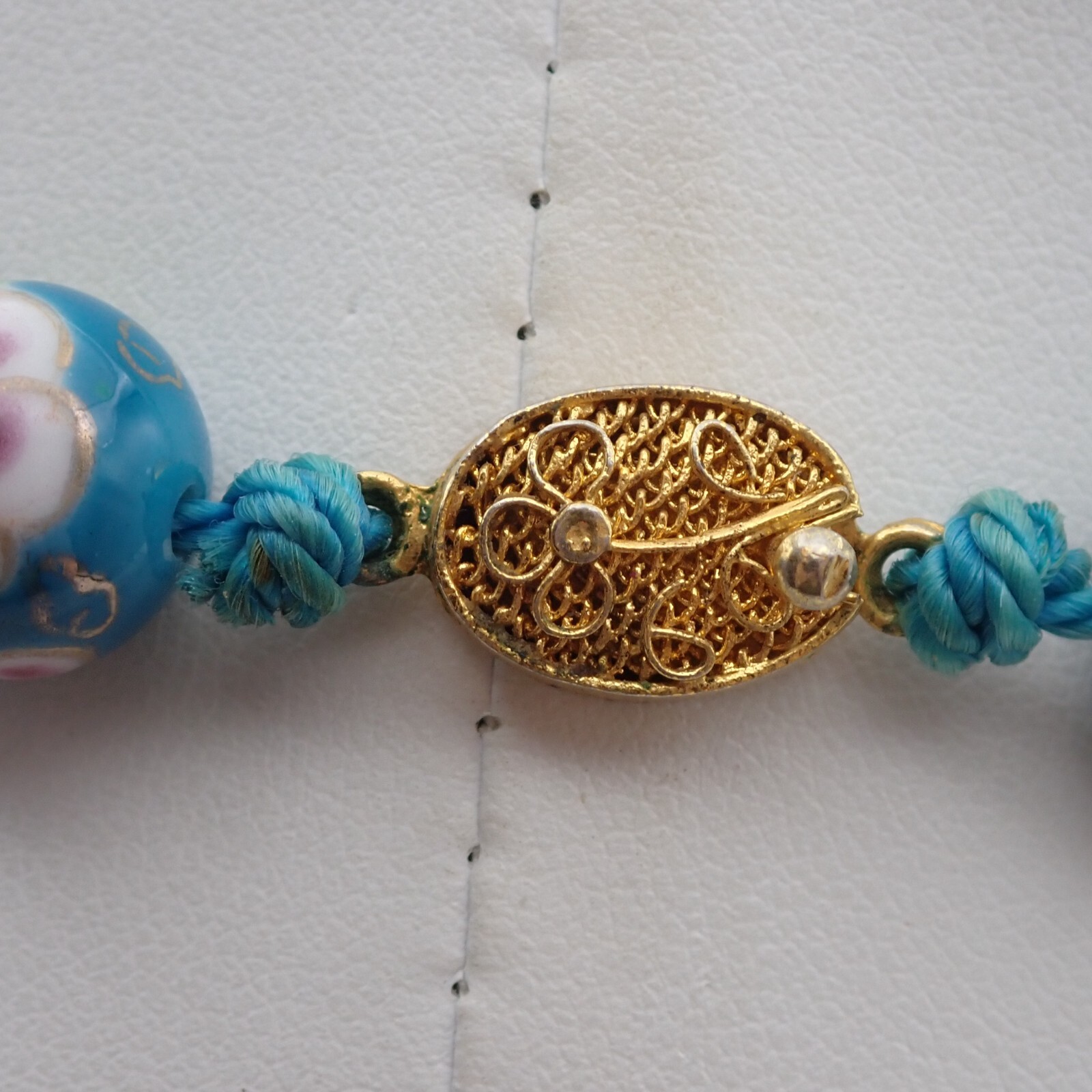 Vintage Chinese Export Rare Teal Pink Enamel Knotted 12mm Bead 27″ Necklace