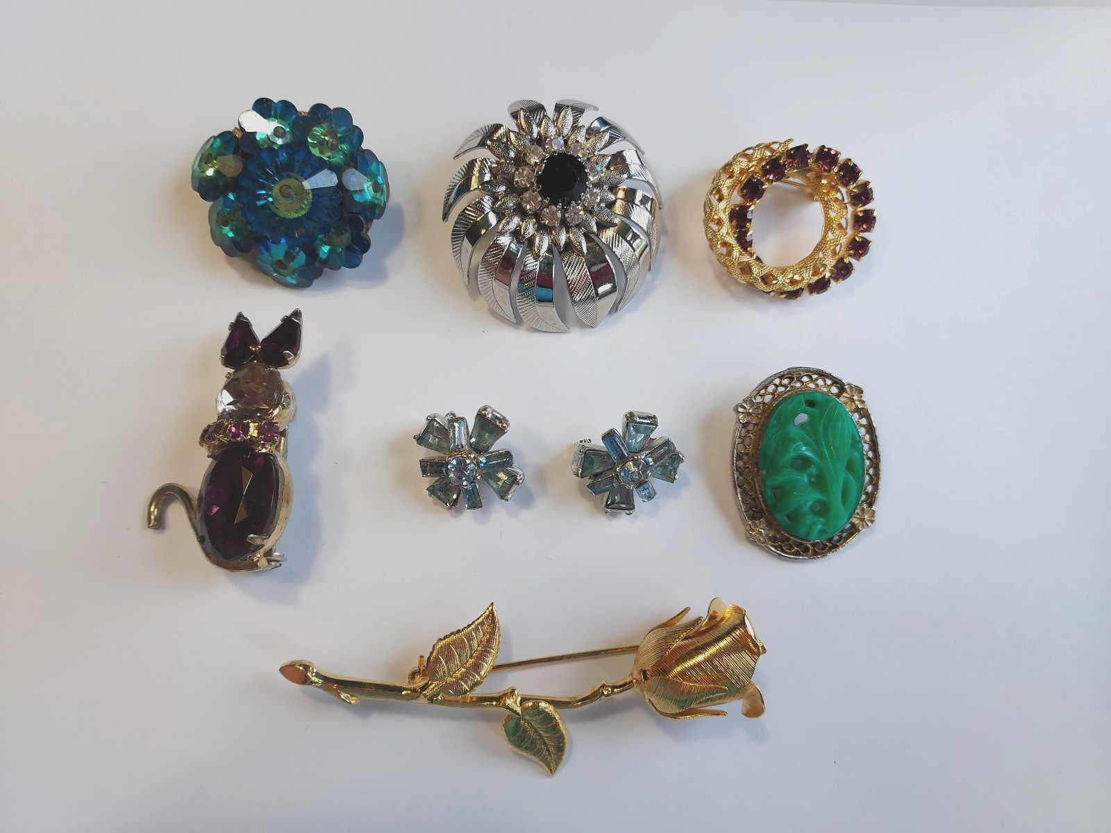 Vintage Pin Assortment Rhinestone Brooch 8 Piece Lot